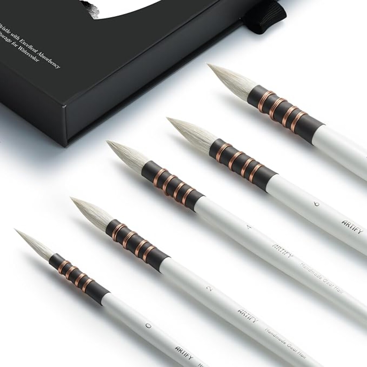 ARTIFY 5PCS Professional Natural Goat Hair Quill Watercolor Brushes | Mop Round Fine Tip Detail Watercolor Paint Brush Set | Ideal for Watercolor and Gouache Painting | Sizes #0, 2, 4, 6, 8